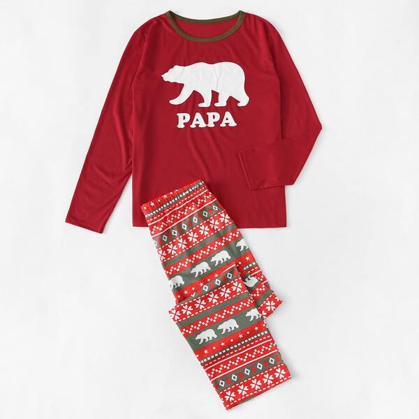 

Christmas men Letter & Cartoon Bear Print PJ Set, Red