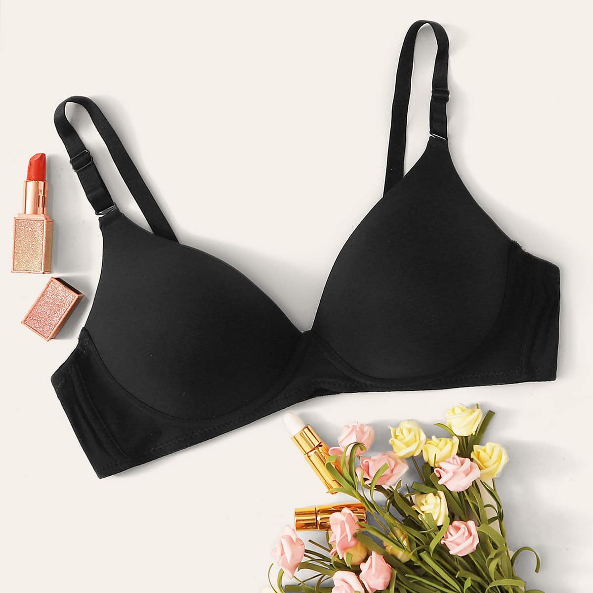 

Solid Adjustable Strap Bra, Black