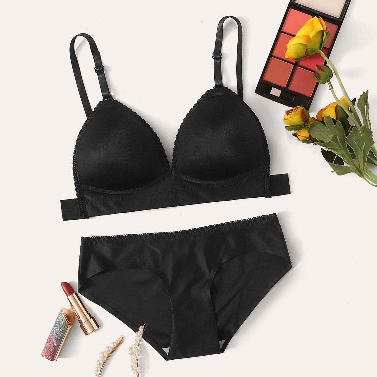 Solid Adjustable Strap Lingerie Set, Black
