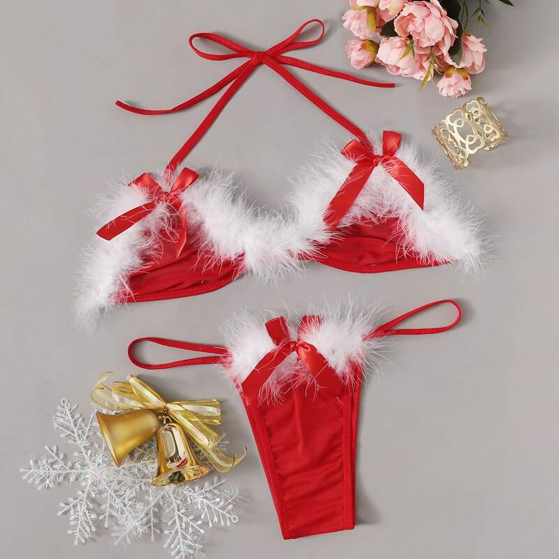 

Faux Fur Sheer Mesh Halter Lingerie Set, Red