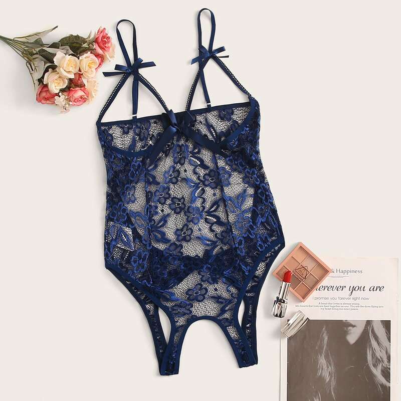 

Floral Lace Cami Teddy Bodysuit, Navy blue