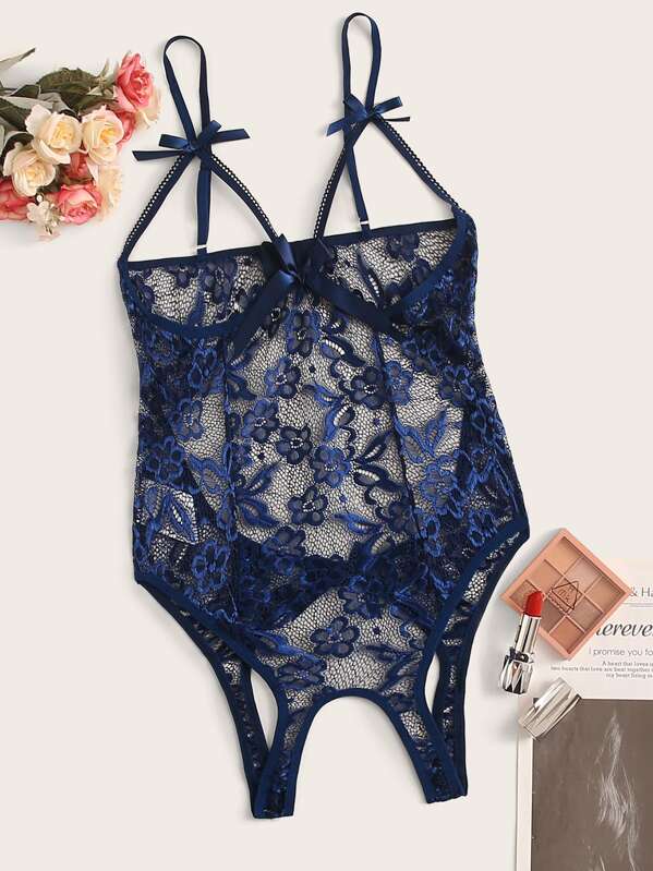 

Floral Lace Cami Teddy Bodysuit, Blue