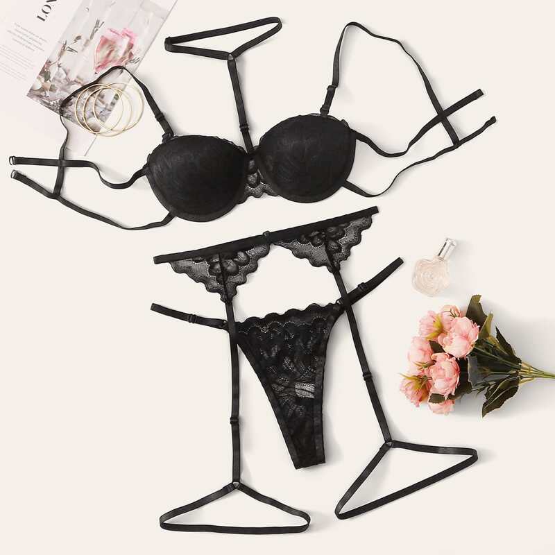 

Floral Lace Underwire Garter Lingerie Set With Choker, Black