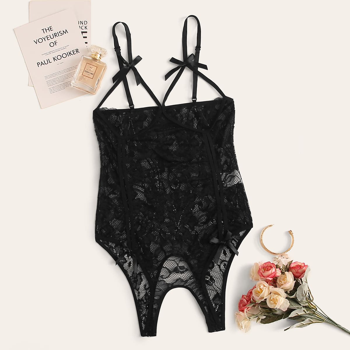 

Floral Lace Crotchless Teddy Bodysuit, Black