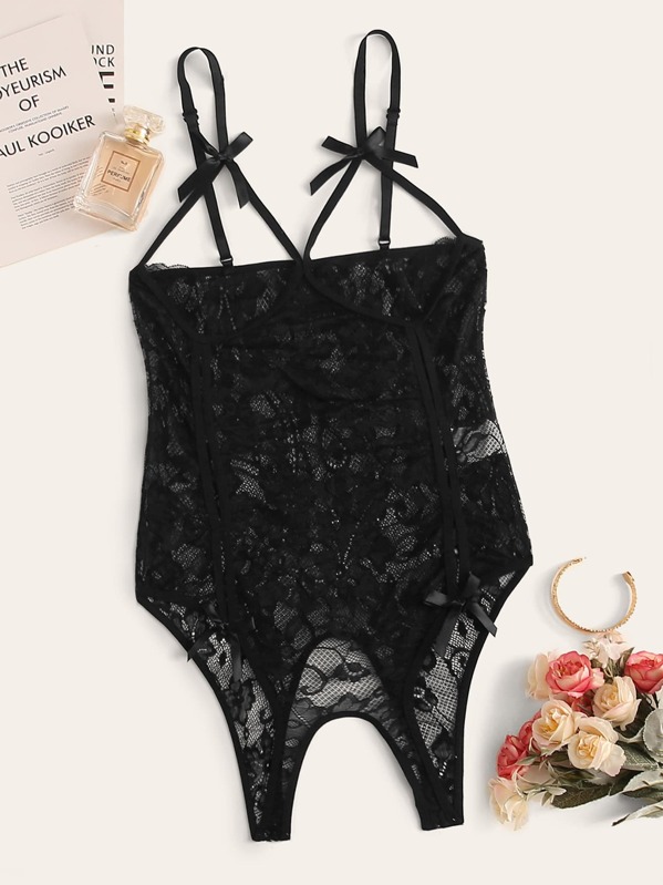 

Floral Lace Crotchless Teddy Bodysuit, Black