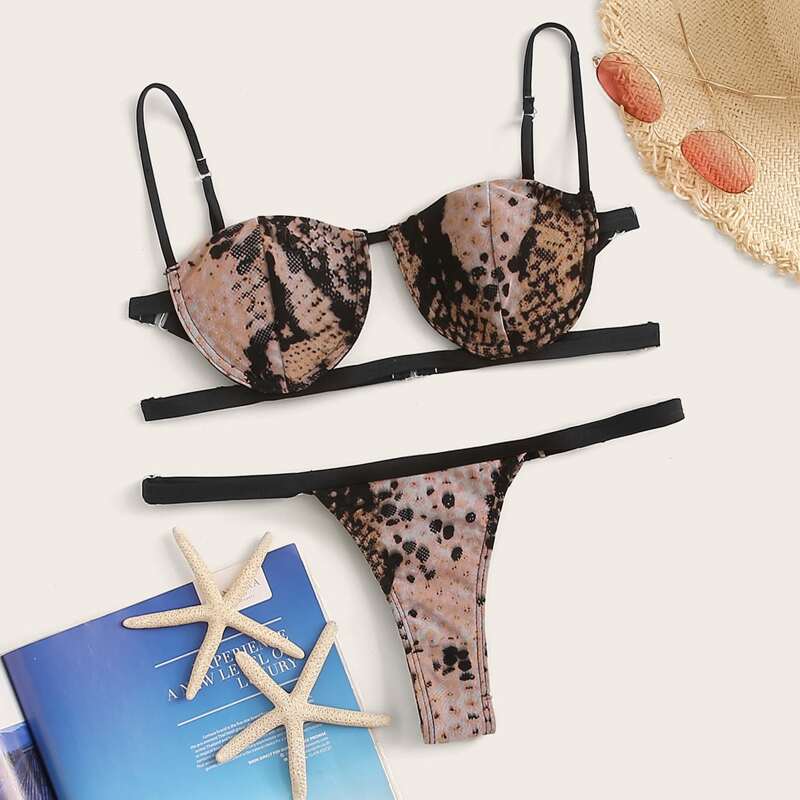 

Snakeskin Underwire Top With Thong Bikini Set, Multicolor