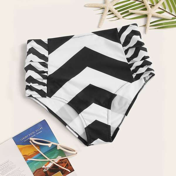

Chevron Ruched High Waist Bikini Panty, Black and white