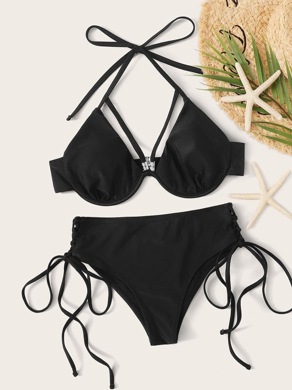 

Halter Top With Tie Side Bikini Set, Black