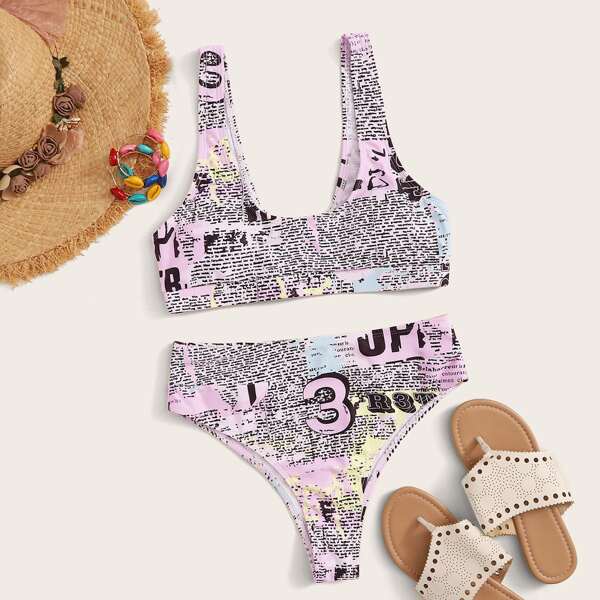 

Newspaper Random Print Top With High Waist Bikini, Pink