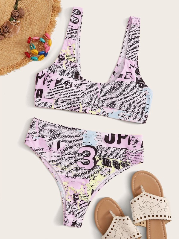 

Newspaper Random Print Top With High Waist Bikini, Pink