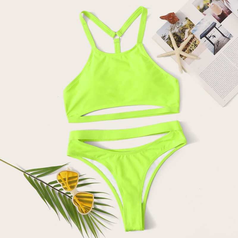 

Neon Green Cut-out Top With High Cut Bikini Set, Green bright