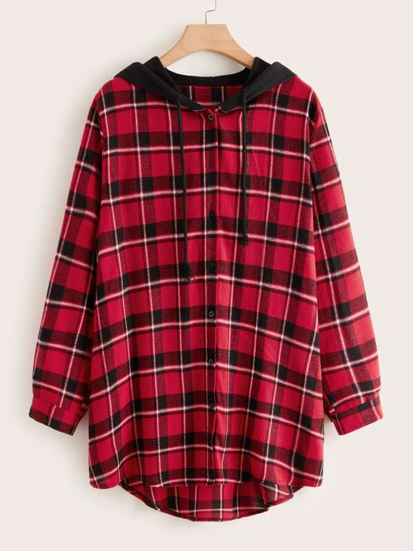 

Plus Plaid Drawstring Hooded Blouse, Red