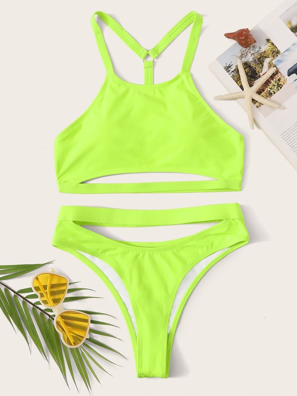 

Neon Green Cut-out Top With High Cut Bikini Set