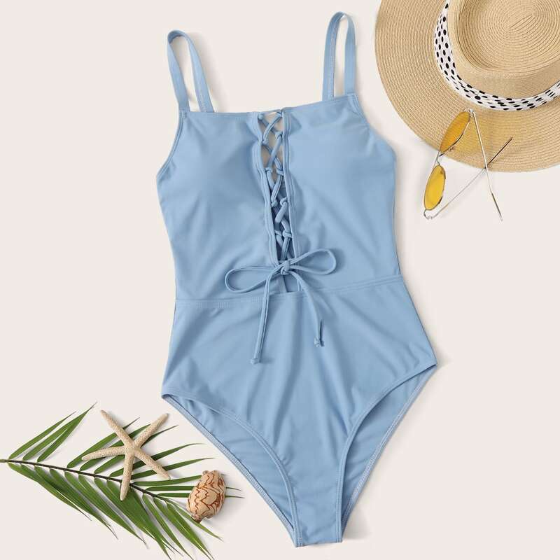 

Lace-up Front One Piece Swimsuit, Blue