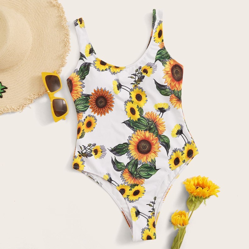 

Sunflower Print One Piece Swimwear, Multicolor
