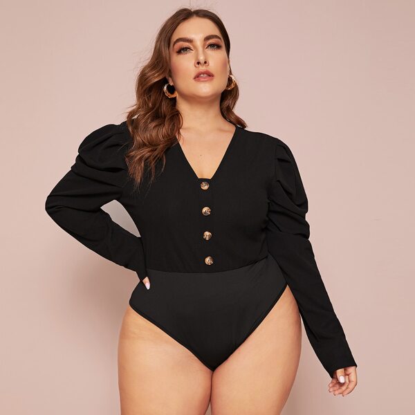 

Plus Button Front Puff Sleeve Bodysuit, Black