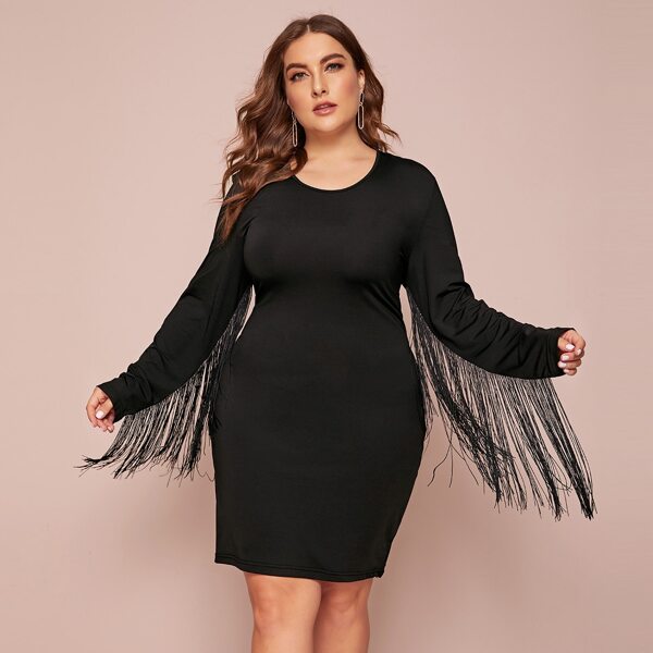 

Plus Fringe Trim Fitted Dress, Black