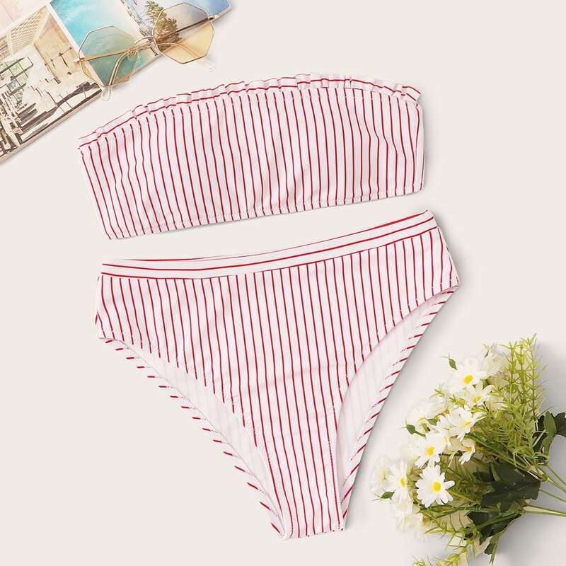 

Striped Frill Trim Bandeau With High Waist Bikini Set, Multicolor