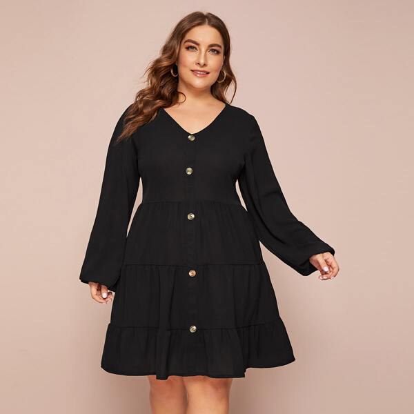 

Plus Button Front Bishop Sleeve A-line Dress, Black