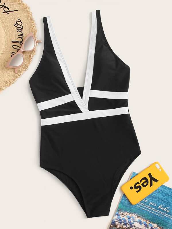 

Contrast Trim One Piece Swimwear, Black and white