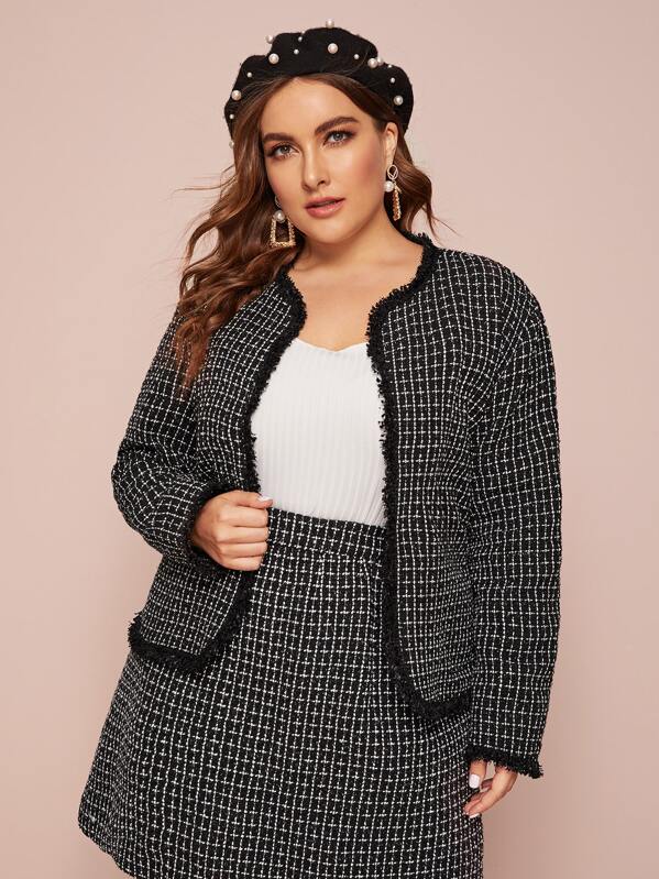 

Plus Plaid Frayed Trim Jacket, Black, Franziska