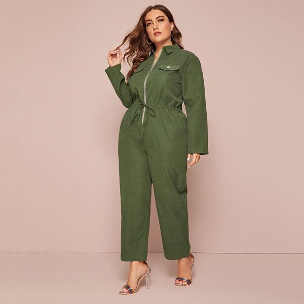

Plus Zipper Drawstring Cargo Jumpsuit, Army green