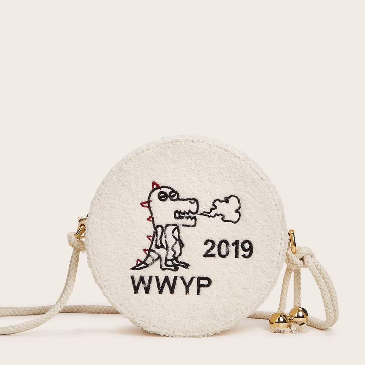 

Dinosaur Embroidered Round Shaped Bag, Beige