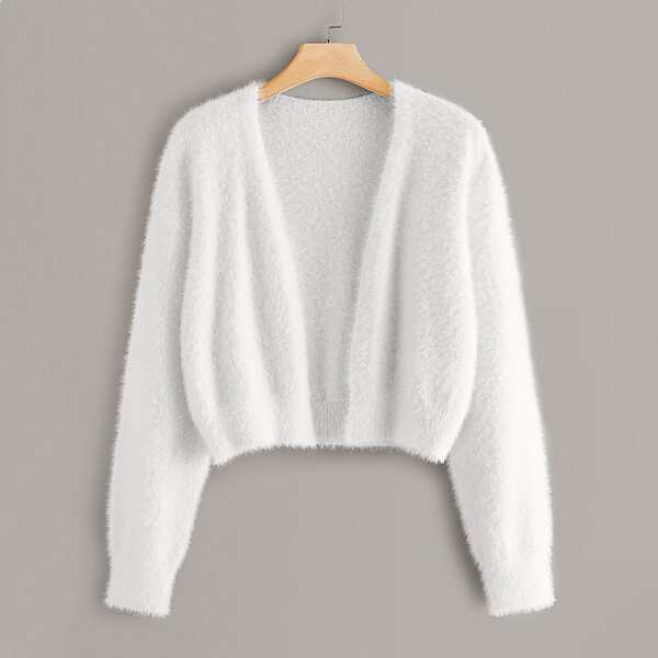 

Plus Fluffy Knit Open Front Cardigan, White