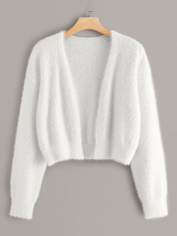 

Plus Fluffy Knit Open Front Cardigan, White