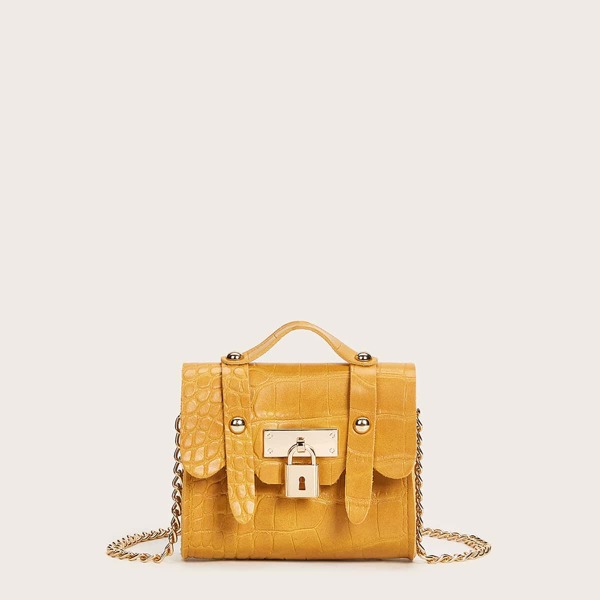 

Mini Croc Embossed Metal Lock Satchel Bag, Yellow bright
