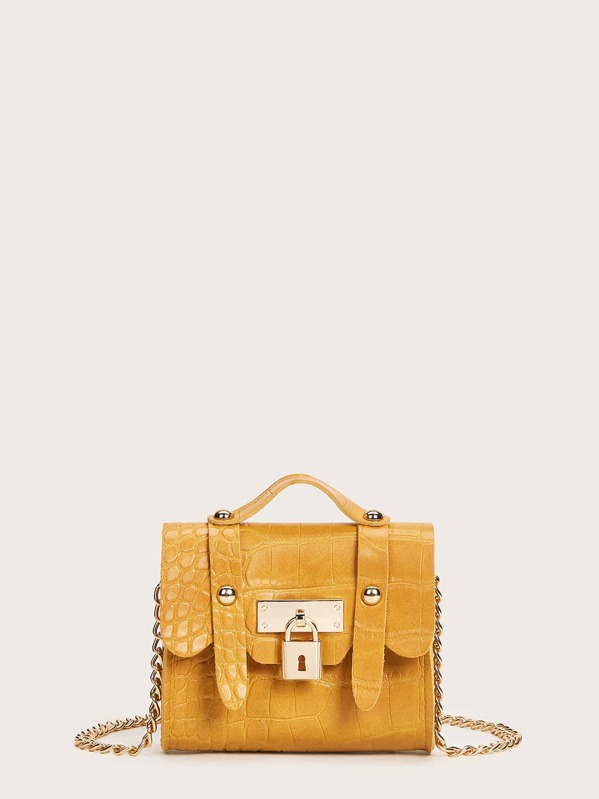 

Mini Croc Embossed Metal Lock Satchel Bag, Yellow