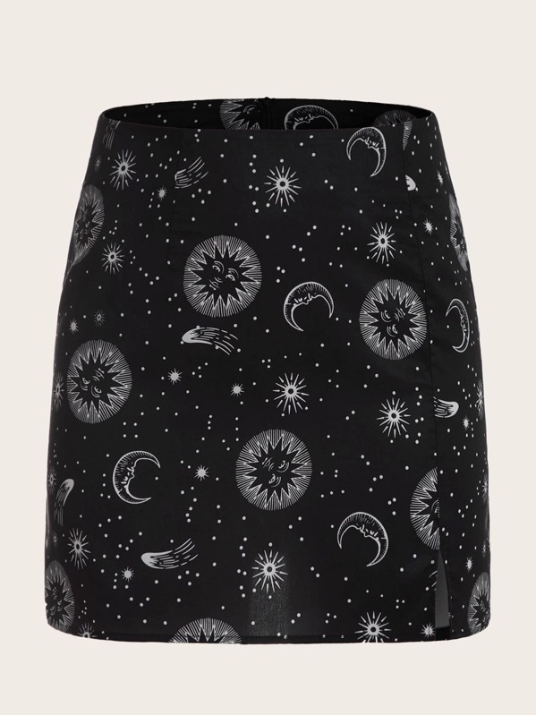 

Plus Sun & Moon Print Split Straight Skirt, Black
