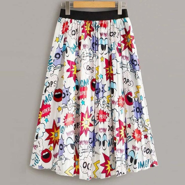 

Plus Comic Print Contrast Waist Pleated Skirt, Multicolor