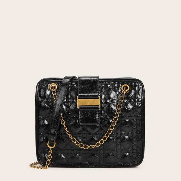 

Quilted Faux Leather Chain Tote Bag, Black