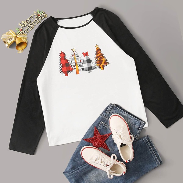 

Plus Christmas New Year Print Baseball Tee, Black and white