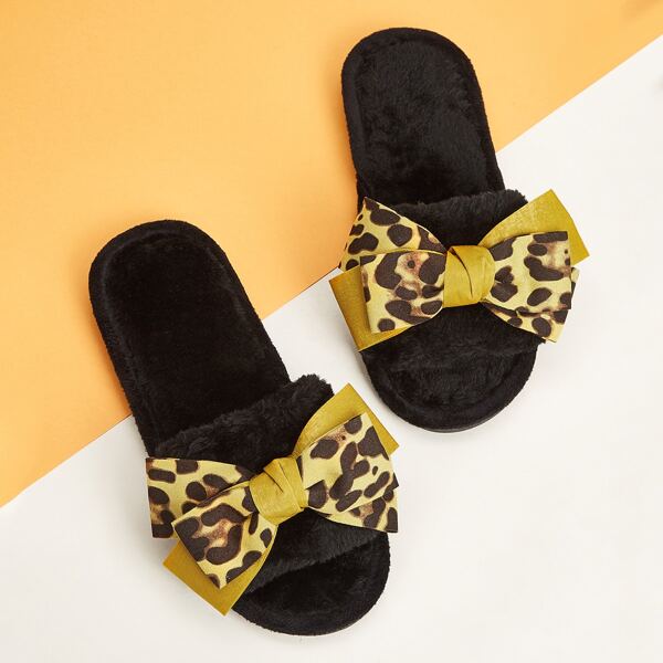

Leopard Bow Decor Fluffy Slippers, Multicolor