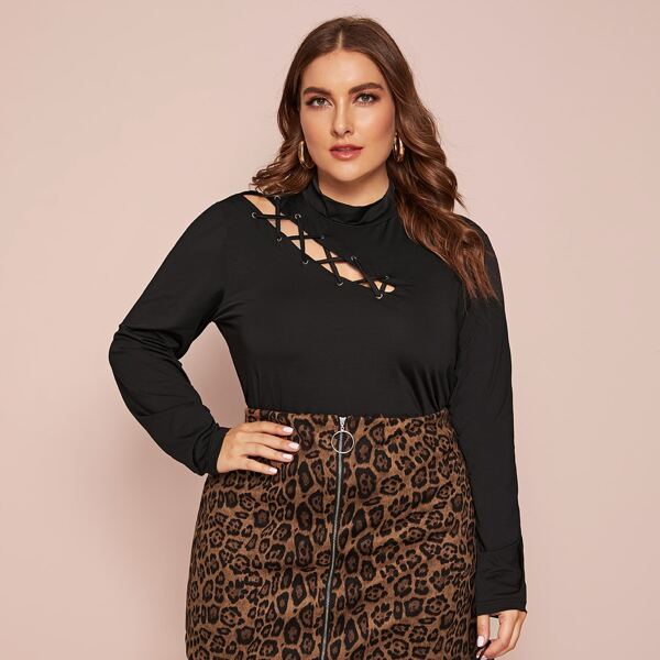 

Plus Mock Neck Criss Cross Tee, Black