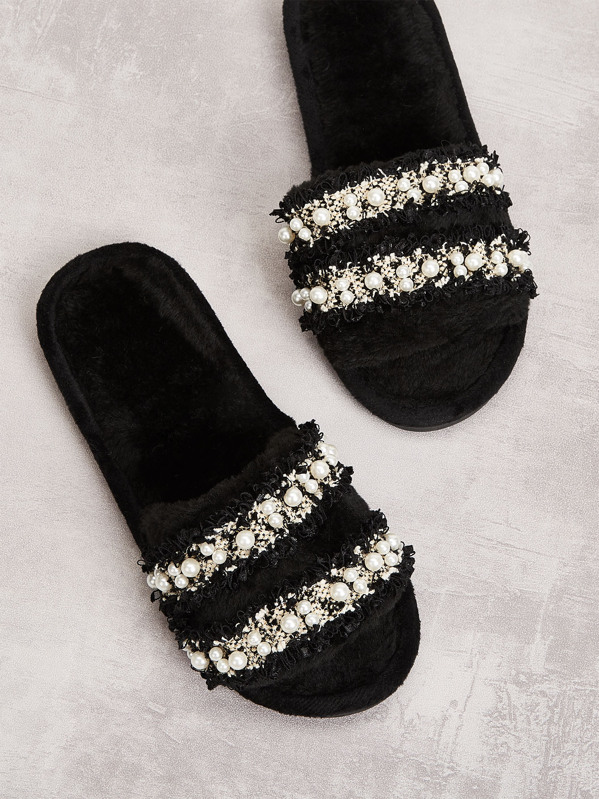 

Faux Pearl Decor Tweed Slippers, Black