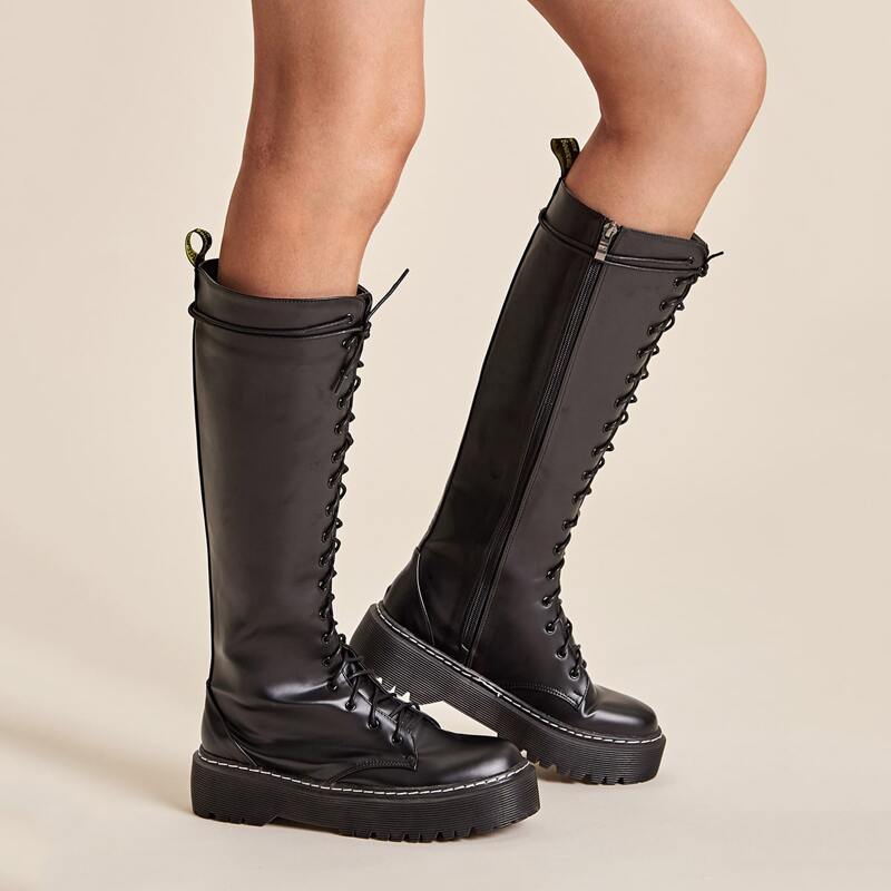 

Lace-up Front Side Zip Knee High Boots, Black