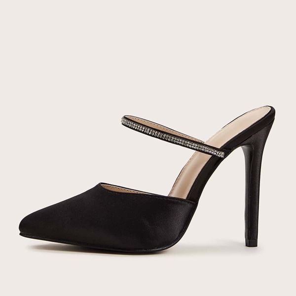 

Rhinestone Strap Stiletto Heeled Mules, Black