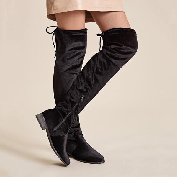 

Tie Back Side Zip Over The Knee Boots, Black