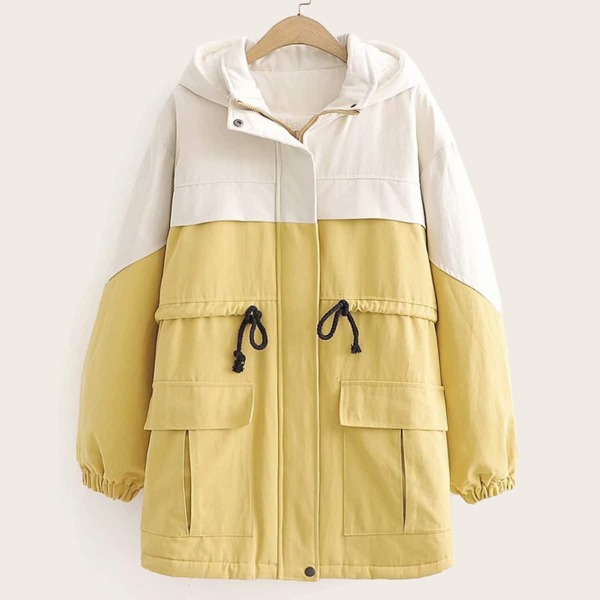 

Flap Pockets Drawstring Waist Spliced Coat, Multicolor