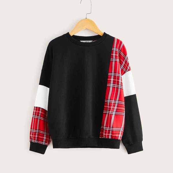 

Girls Tartan Print Colorblock Pullover, Multicolor