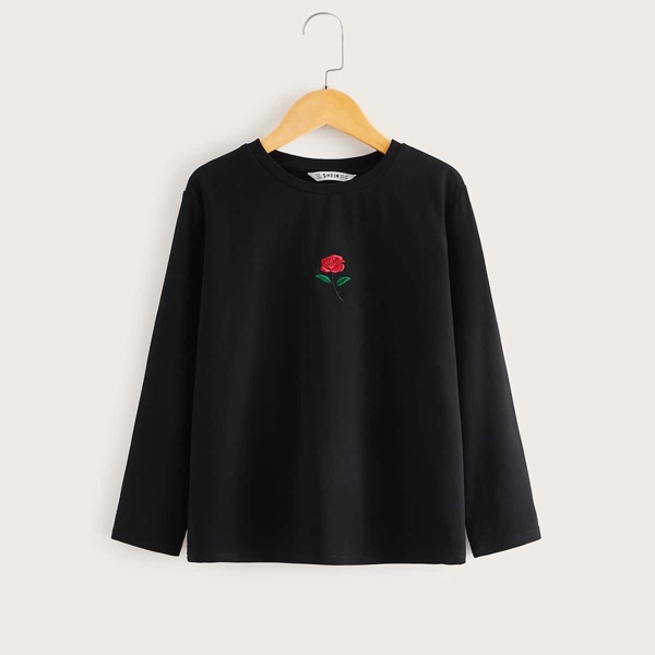 

Boys Embroidered Rose Tee, Black