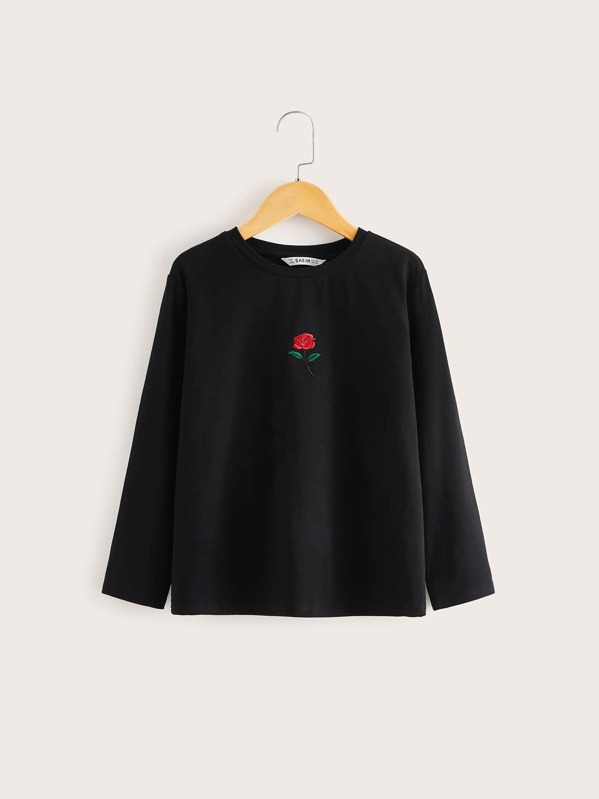

Boys Embroidered Rose Tee, Black