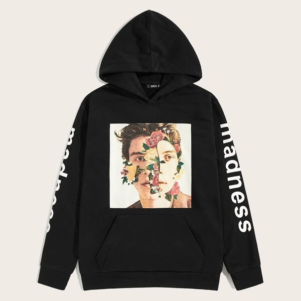 

Men Figure and Letter Graphic Pocket Front Hoodie, Black