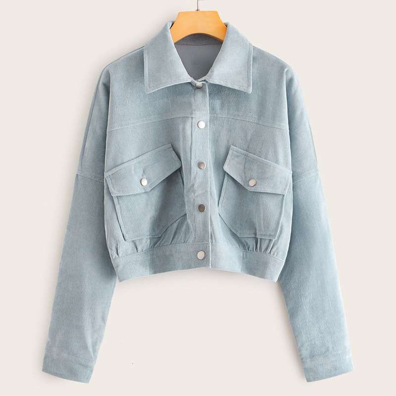 

Drop Shoulder Pocket Front Corduroy Jacket, Blue pastel
