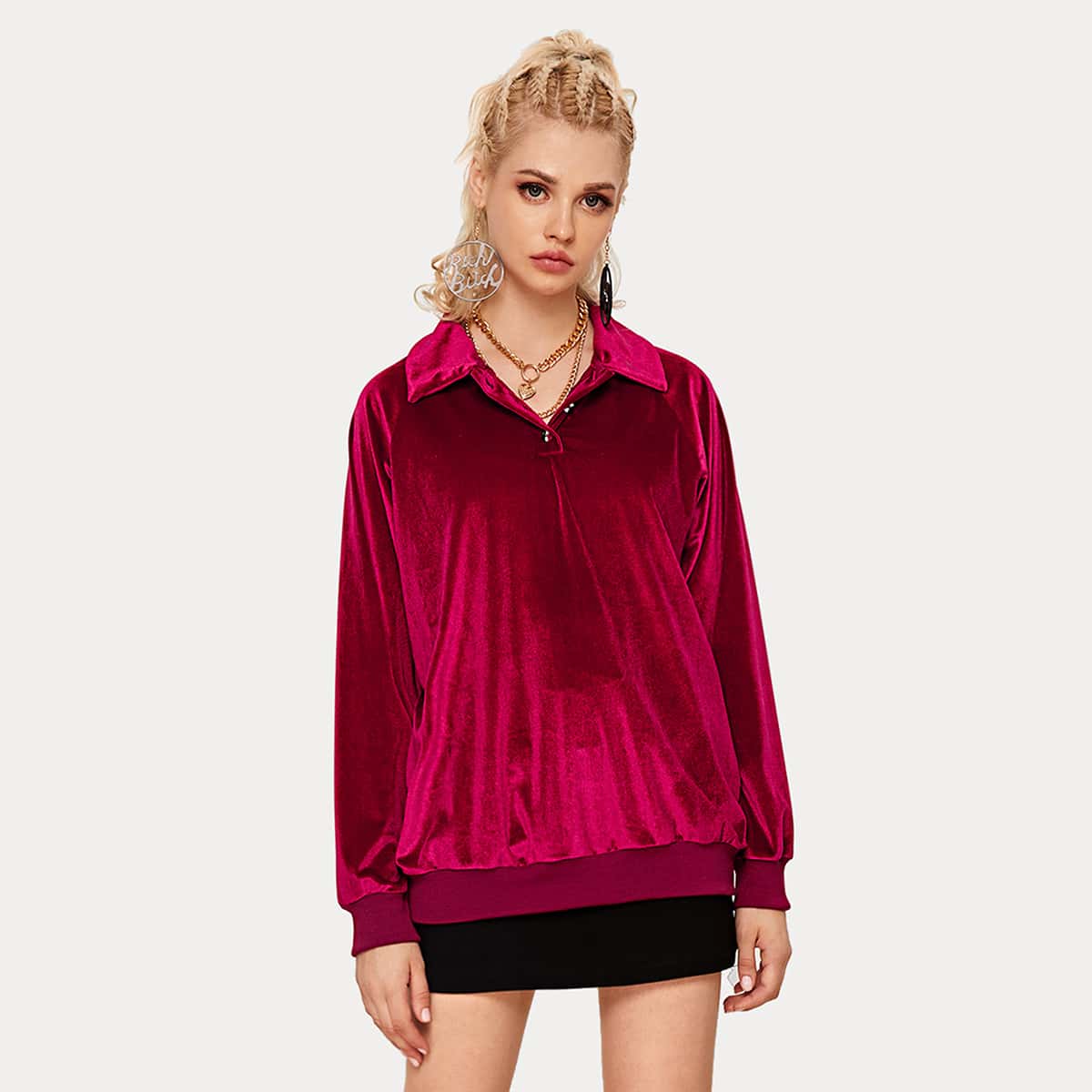 

Raglan Sleeve Half Placket Velvet Sweatshirt, Burgundy
