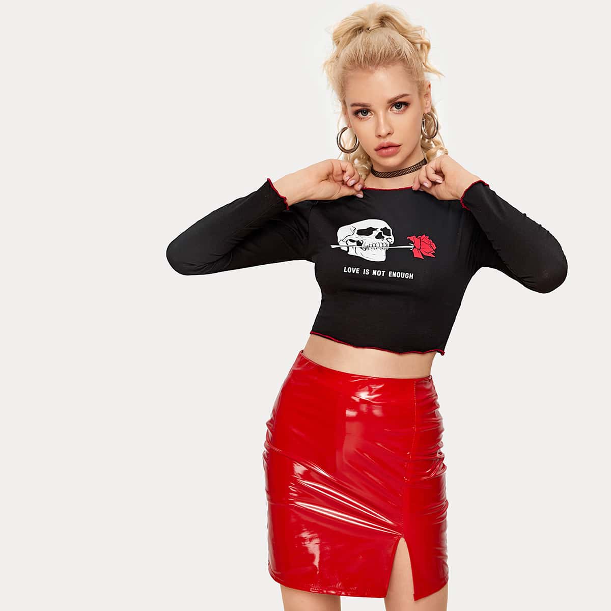 

Skull & Letter Graphic Crop Tee, Black
