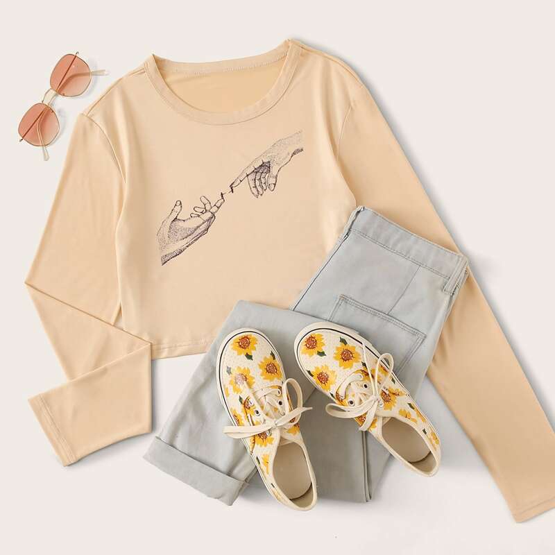 

Hands Graphic Long Sleeve Crop Top, Nude
